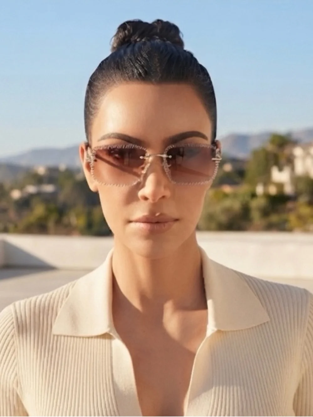 Crystal-Trim Brown Gradient Women's Cartier style sunglasses